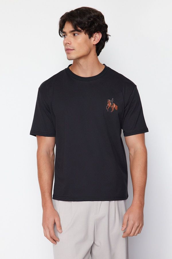 Trendyol Trendyol Black Oversize/Wide Cut Horse/Animal Embroidered Short Sleeve 100% Cotton T-Shirt