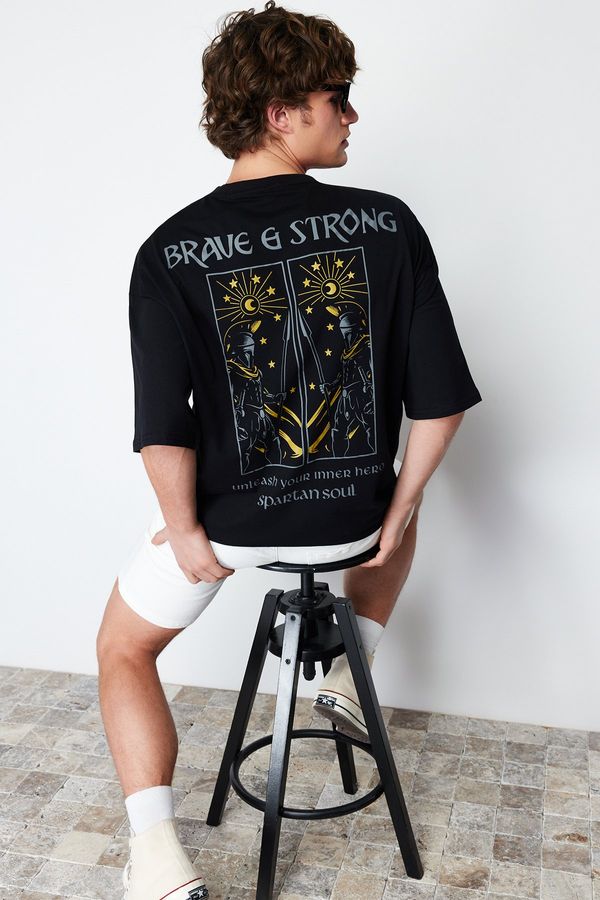 Trendyol Trendyol Black Oversize/Wide Cut Mystical Printed 100% Cotton Short Sleeve T-Shirt