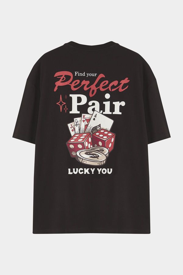 Trendyol Trendyol Black Oversize/Wide Cut Playing Card Back Printed 100% Cotton T-Shirt