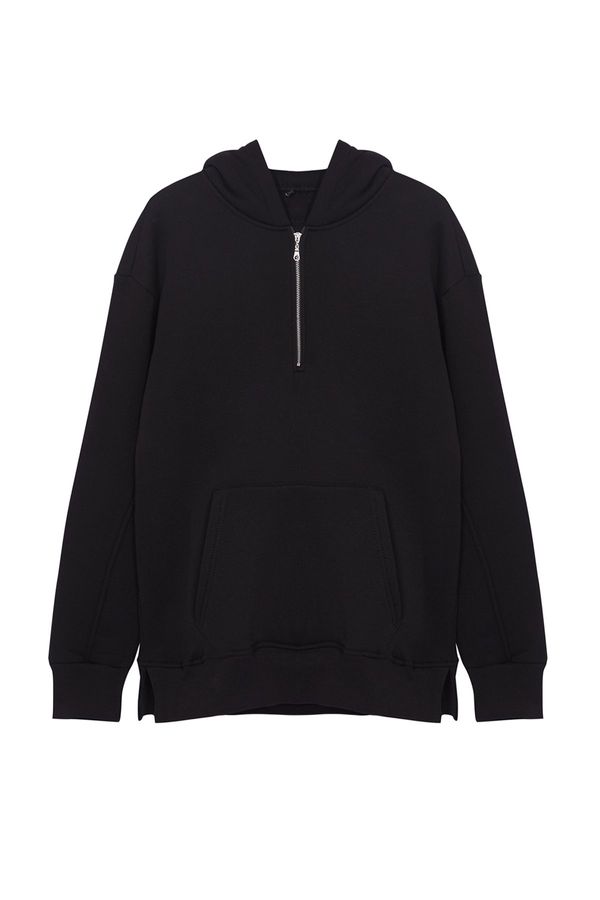 Trendyol Trendyol Black Oversize/Wide Cut Zippered Hooded Basic Sweatshirt