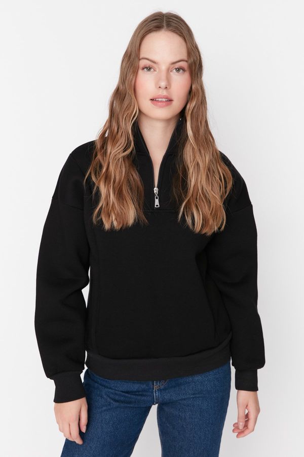 Trendyol Trendyol Black Oversize/Wide Fit Zippered Stand-Up Collar Thick Inside Fleece Knitted Sweatshirt