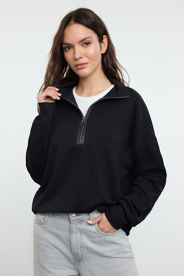 Trendyol Trendyol Black Oversize/Wide Zipper Collar Flexible Knitted Sweatshirt