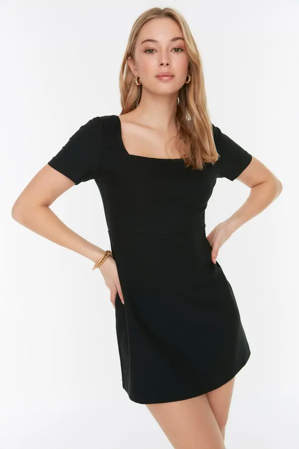 Trendyol Trendyol Black Petite A-line Super Mini tkana kvadratna vratna tkana obleka