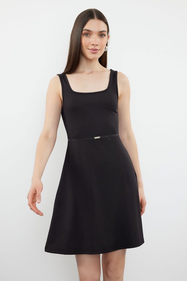 Trendyol Trendyol Black Plain Accessory Detailed Skater Ribbed Stretchy Knitted Dress