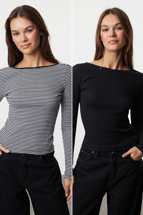 Trendyol Trendyol Black Plain and Striped Fitted, Low-cut Back, Ribbed, Stretchy Knitted Blouse