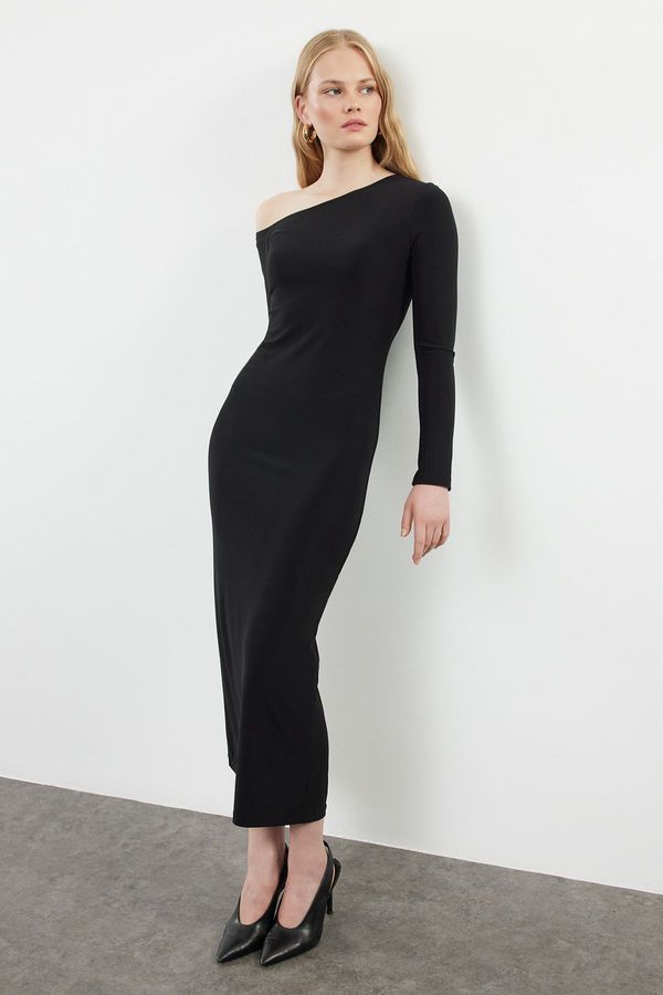 Trendyol Trendyol Black Plain Asymmetrical Collar Detailed Fitted Flexible Maxi Knitted Dress