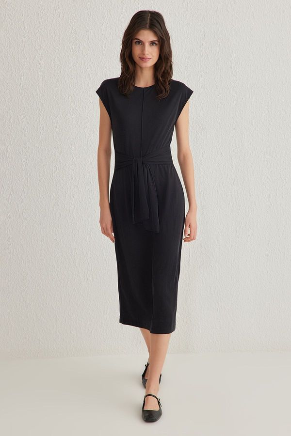 Trendyol Trendyol Black Plain Belted Midi Soft Textured Pique Knit Dress