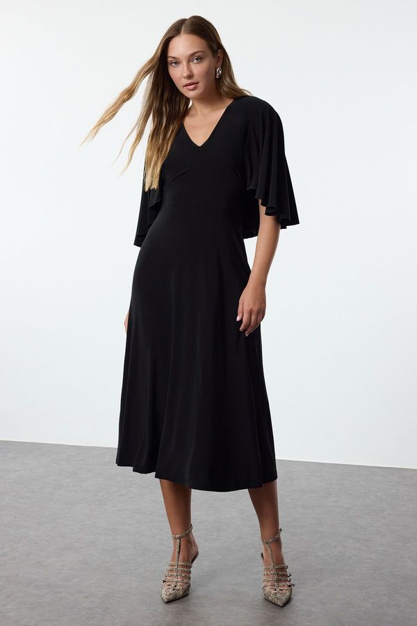 Trendyol Trendyol Black Plain Maxi V Neck Cape Stretchy Midi Knit Dress