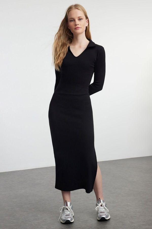 Trendyol Trendyol Black Plain Midi Polo Neck Bodycone/Fits Midi Knit Dress