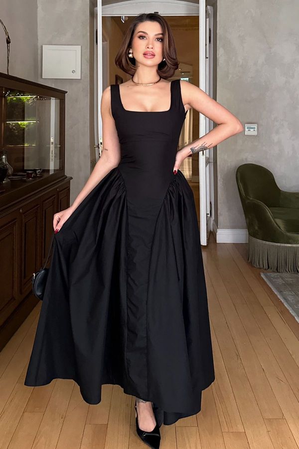 Trendyol Trendyol Black Plain Weave Poplin Midi Lined Chic/Evening Dress