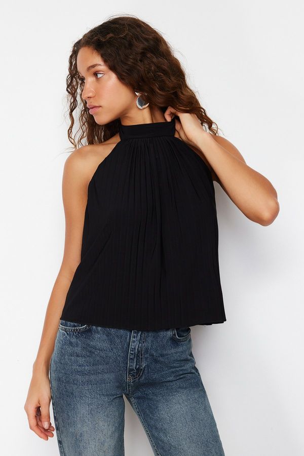 Trendyol Trendyol Black Pleated Barter Neck Regular/Normal Fit Knitted Blouse