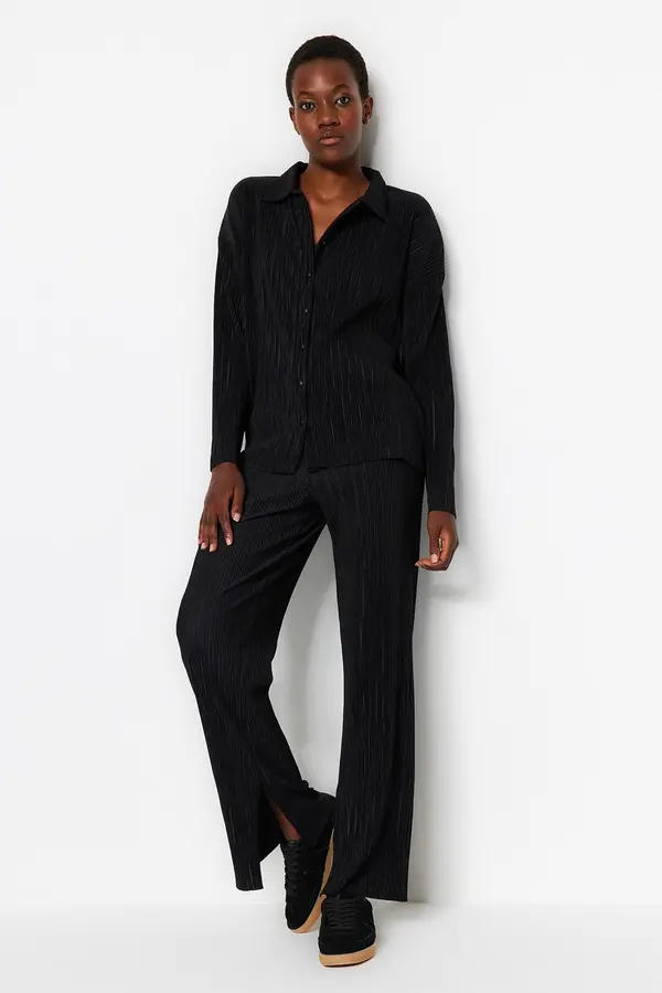 Trendyol Trendyol Black Pleated Regular Buttoned Knitted Two Piece Set