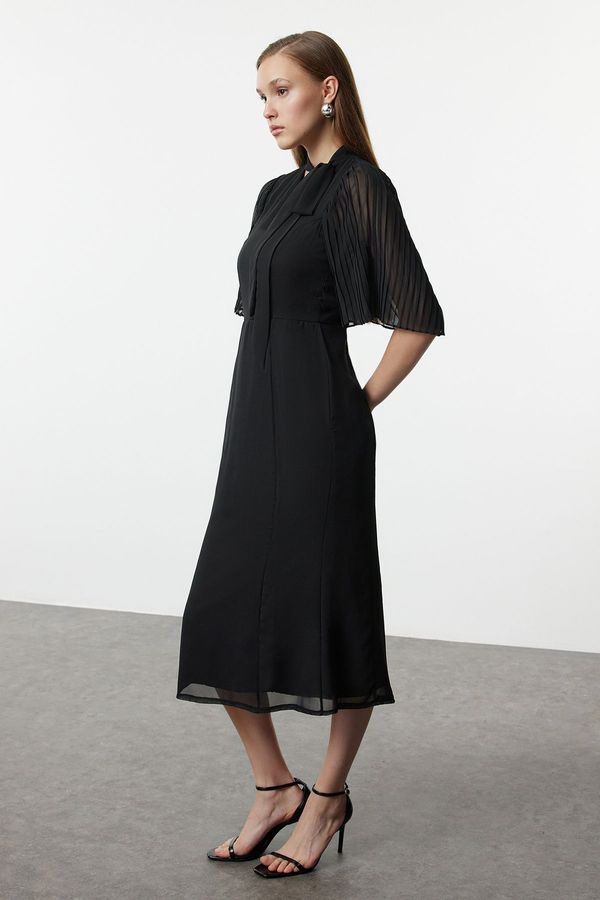 Trendyol Trendyol Black Pleated Sleeve Tied Collar A-Line Lined Midi Chiffon Woven Winter Dress