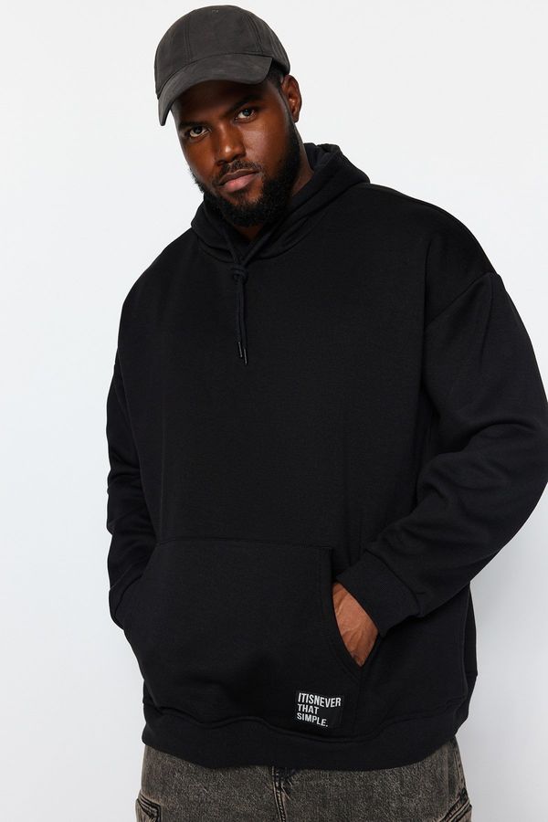 Trendyol Trendyol Black Plus Size Hooded Labeled Fleece/Warm Sweatshirt