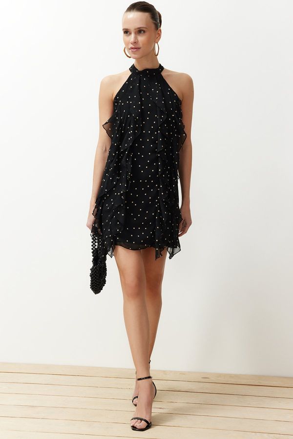 Trendyol Trendyol Black Polka Dot Flounce Chiffon Lined Mini Woven Dress