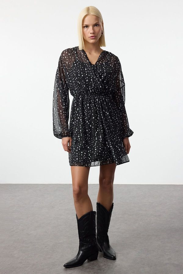 Trendyol Trendyol Black Polka Dot Patterned A-Line Double Breasted Neck Mini Lined Chiffon Woven Dress