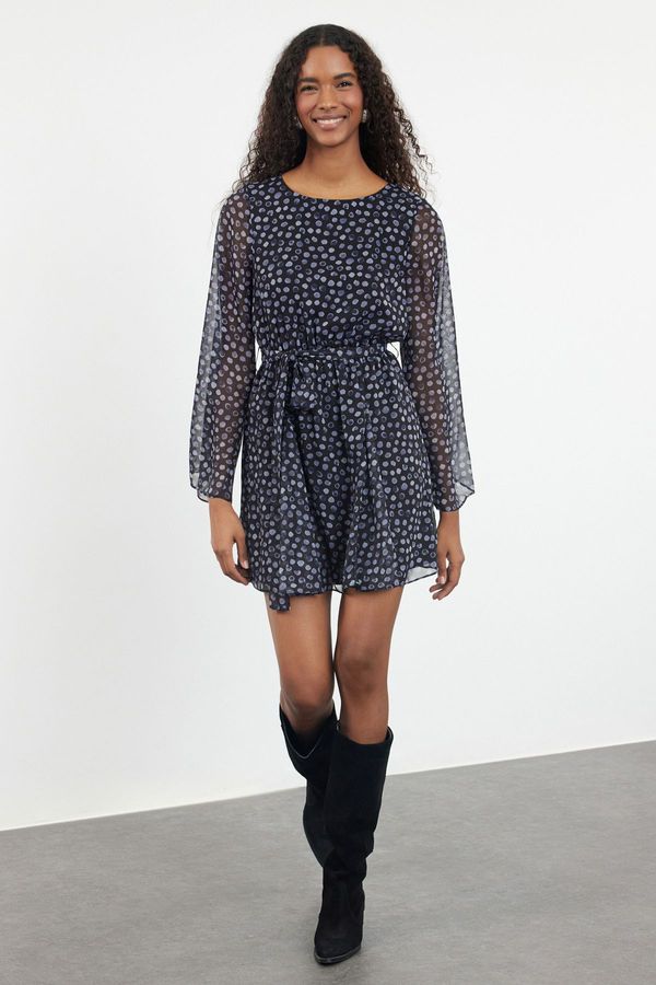 Trendyol Trendyol Black Polka Dot Patterned Mini Lined Woven Chiffon Dress with Open Waist Skirt