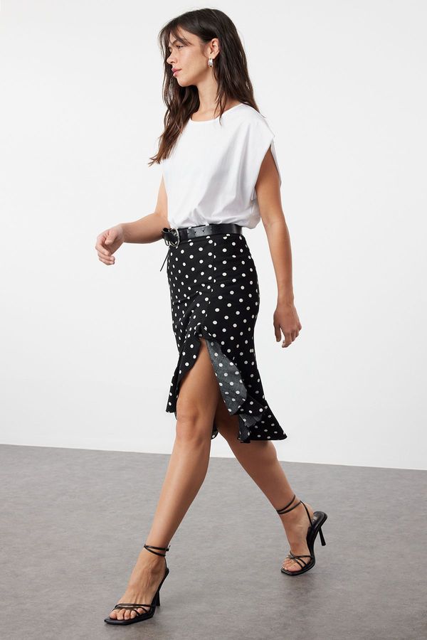 Trendyol Trendyol Black Polka Dot Ruffle Slit Flexible Midi Knitted Skirt