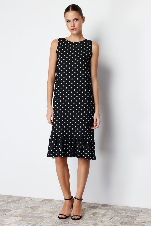 Trendyol Trendyol Black Polka Dot Skirt Ruffled Ribbed Stretchy Knitted Midi Dress