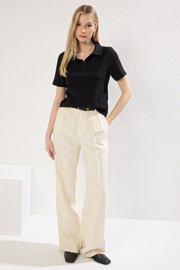 Trendyol Trendyol Black Polo Collar Button-Down Regular/Standard Fit Crepe Shirt