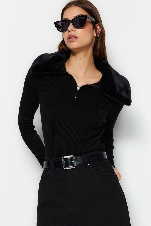 Trendyol Trendyol Black Polo Neck Faux Fur Detailed Knitwear Sweater