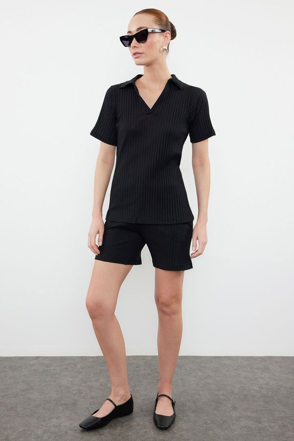 Trendyol Trendyol Black Polo Neck Short Sleeve Ribbed Stretchy Knitted Bottom-Top Set