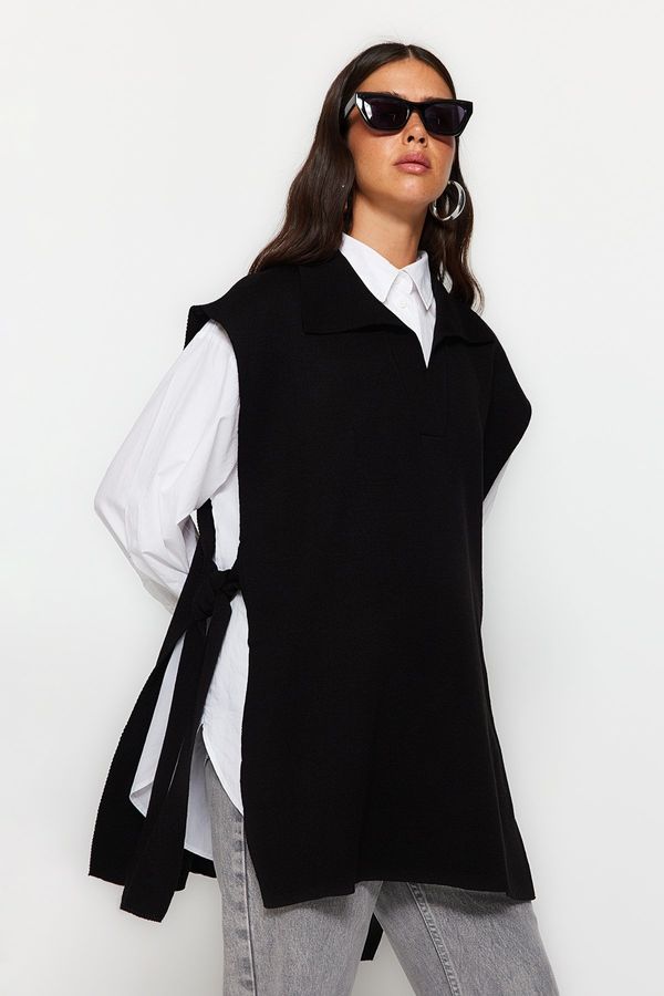 Trendyol Trendyol Black Polo pulover za pletenine za vrat z vezanimi detajli