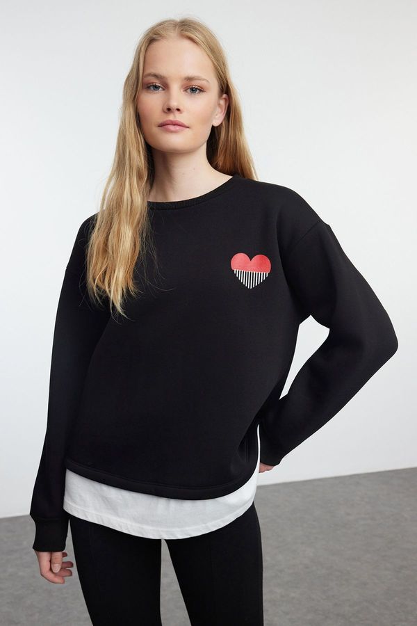 Trendyol Trendyol Black Poplin Detailed and Embroidery Detailed Regular/Normal Fit Knitted Sweatshirt