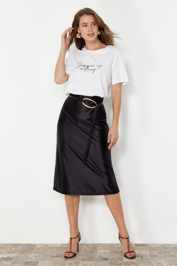 Trendyol Trendyol Black Premium Satin A-Line/Alarm Form Midi Knitted Skirt