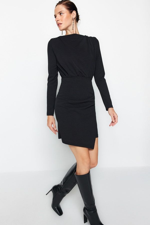 Trendyol Trendyol Black Premium Textured Crepe Drape Detailed Mini Knitted Dress