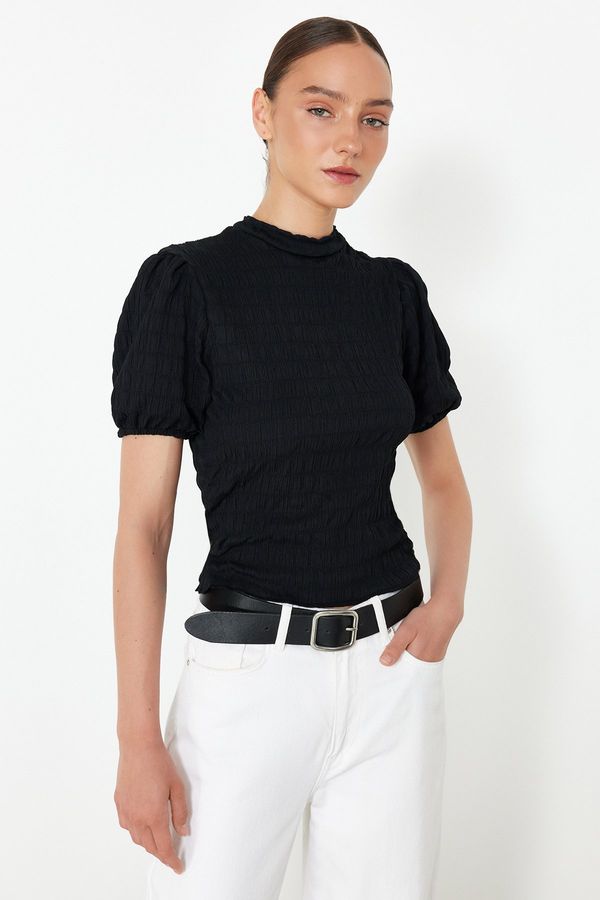 Trendyol Trendyol Black Premium Textured Crop Stand Collar Flexible Balloon Sleeve Knitted Blouse