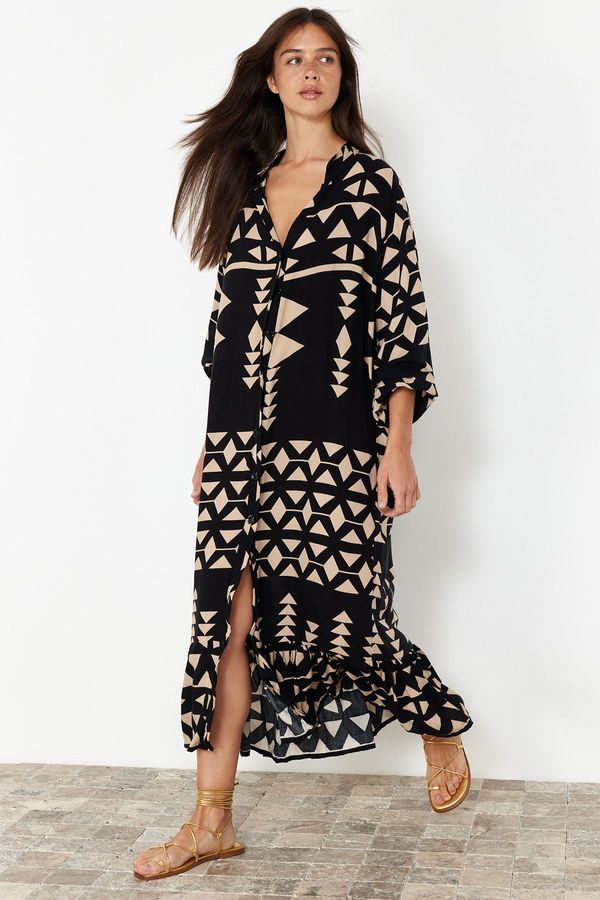 Trendyol Trendyol Black Printed Midi Wide Neck Border Pattern Detailed Woven Dress