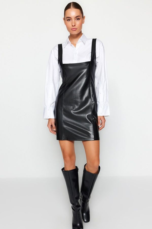 Trendyol Trendyol Black Rack Faux Leather Square Collar Mini Gilet pletena obleka