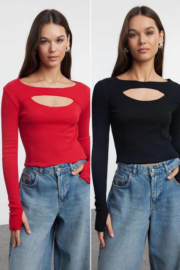 Trendyol Trendyol Black-Red 2-Piece Cut Out Detailed Fitted Flexible Knitted Blouse