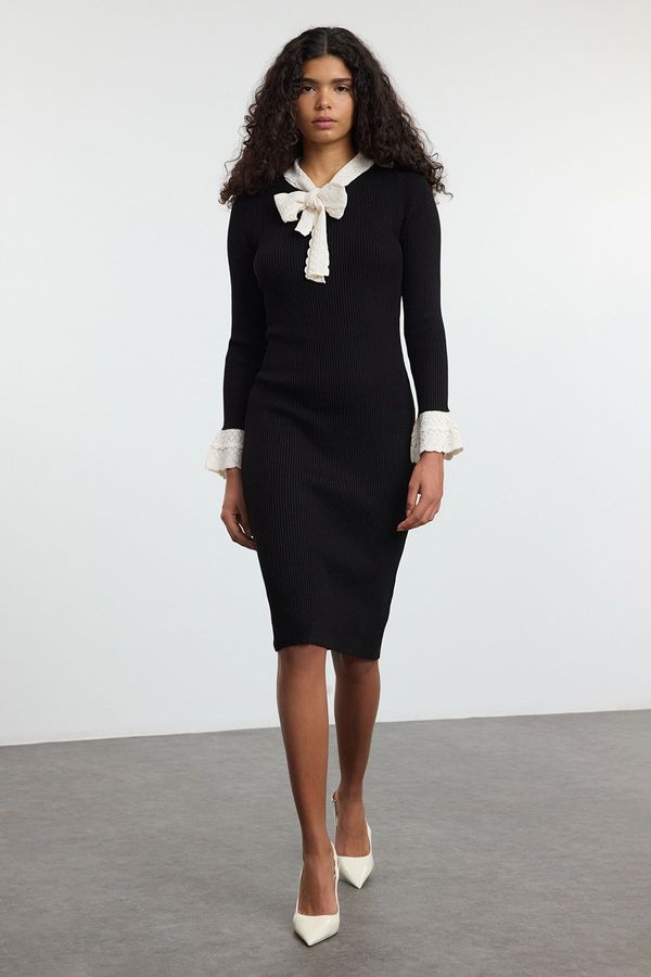 Trendyol Trendyol Black Regular Collar Tie Detailed Knit Dress