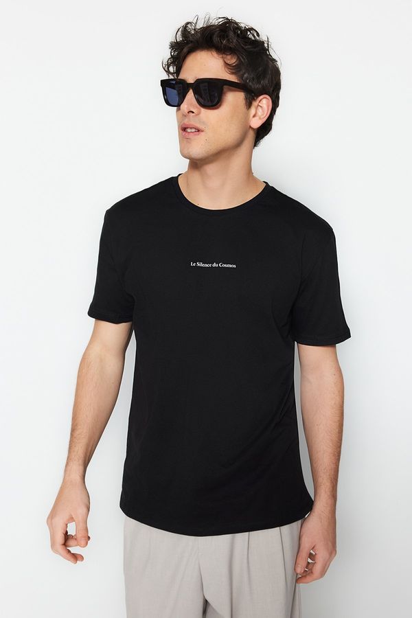 Trendyol Trendyol Black Regular Cut 100% Cotton Minimal Text Printed T-Shirt