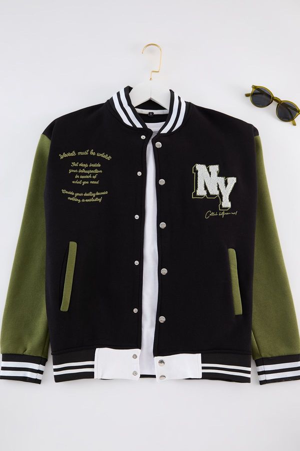 Trendyol Trendyol Black Regular Cut Embroidered Detailed College Jacket