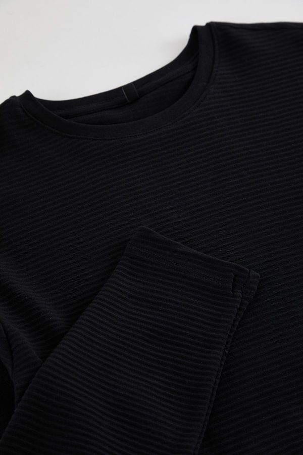 Trendyol Trendyol Black Regular Cut Long Sleeve Basic Textured 100% Cotton T-Shirt