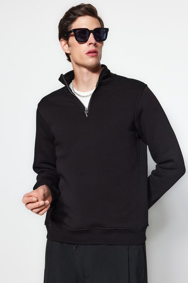 Trendyol Trendyol Black Regular Cut Stand Collar Zippered Cotton Basic Sweatshirt