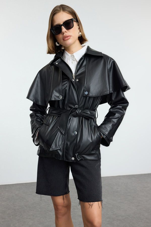 Trendyol Trendyol Black Regular Fit Belted Detachable Cape Detailed Faux Leather Coat