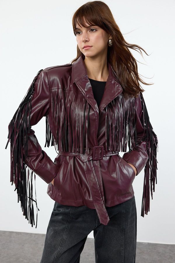 Trendyol Trendyol Black Regular Fit Belted Tassel Detailed Faux Leather Coat