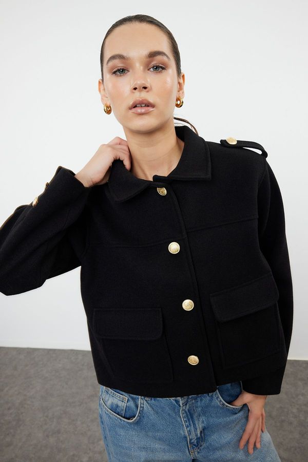 Trendyol Trendyol Black Regular Fit Gold Button Detailed Knitted Cashmere Thin Jacket Coat