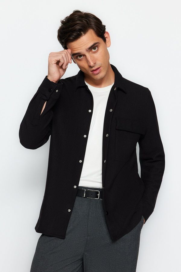 Trendyol Trendyol Black Regular Fit Single Pocket Snap Closure Knitted Comfortable Flexible Fabric Shirt