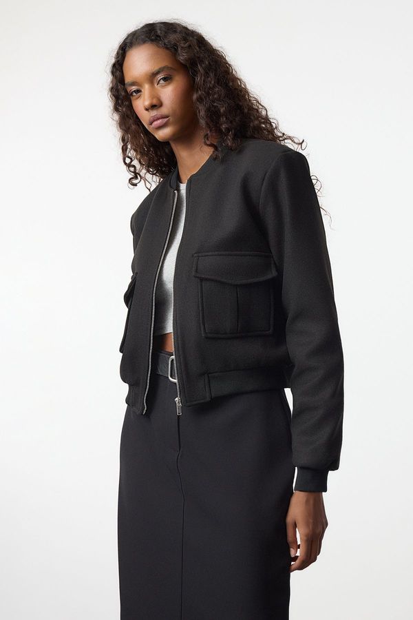 Trendyol Trendyol Black Regular Pattern Knitted Cashmere Bomber Jacket Coat