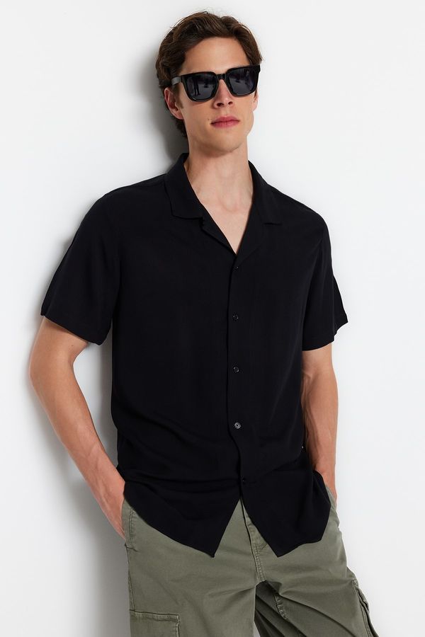 Trendyol Trendyol Black Regular Regular Fit Open Collar 100% Viscose Short Sleeve Summer Shirt