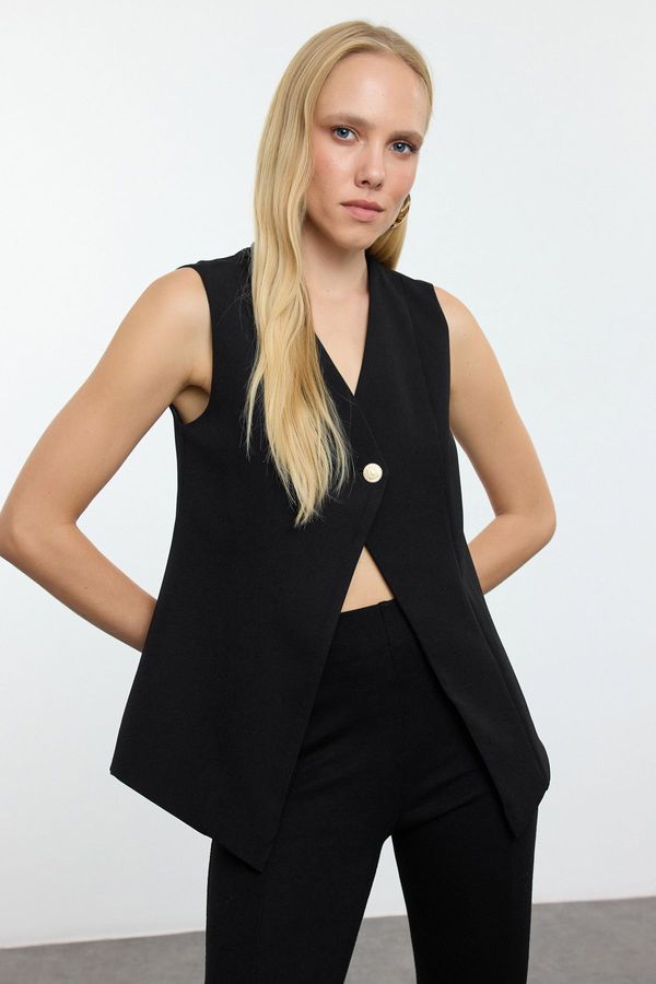 Trendyol Trendyol Black Regular V-Neck Button Detailed Vest