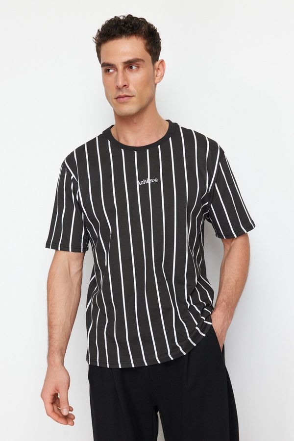 Trendyol Trendyol Black Relaxed/Comfortable Cut Striped 100% Cotton T-Shirt