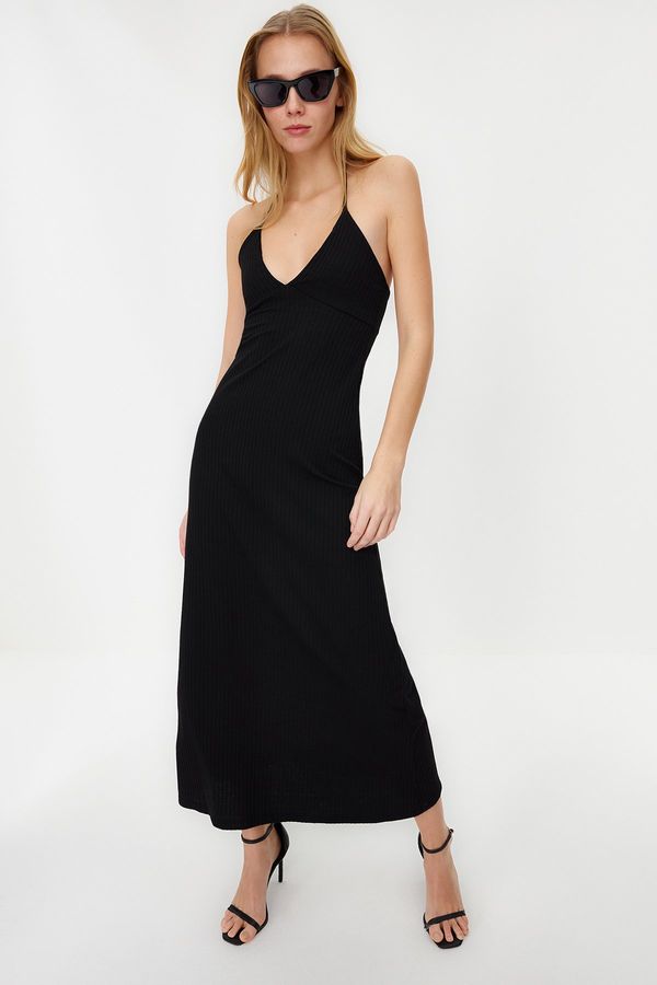 Trendyol Trendyol Black Ribbed Barter Neck Bodycone/Fitting Maxi Stretch Knitted Pencil Dress