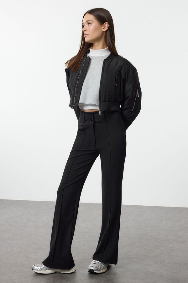 Trendyol Trendyol Black Ribbed Detail High Waist Flare/Flare Leg Trousers