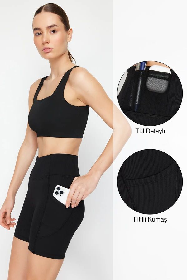 Trendyol Trendyol Black Ribbed Restorer Waist Tulle Detailed Knitted Sports Shorts/Short Leggings